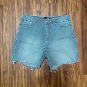 Women’s Light Blue Striped Distressed Jean Shorts
